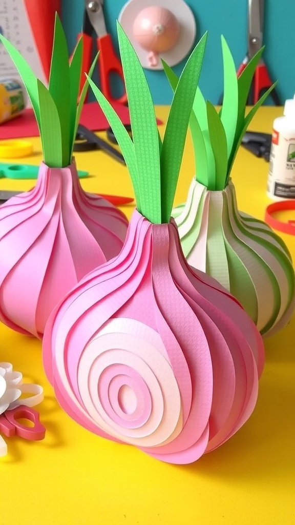 A collection of 3D paper onions made from colored paper, showcasing their layered design on a crafting table.
